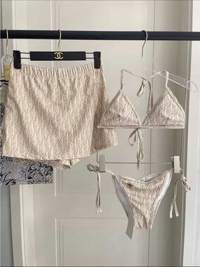 Dior White and beige Monogram bikini swimsuit with skort set